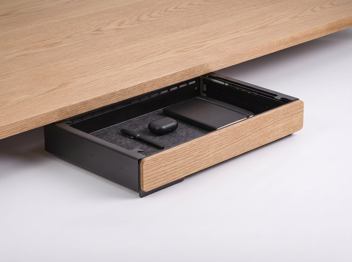 Soft-Close Drawer for Monitor Riser in Oak – styled studio packshot | Rablo #Material_Oak