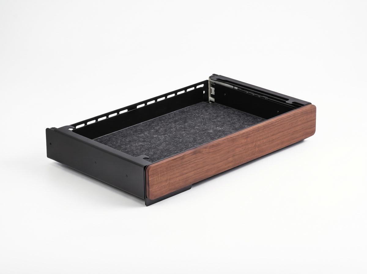 Soft-Close Drawer for Monitor Riser in Black Walnut – clean studio packshot | Rablo #Material_Black Walnut