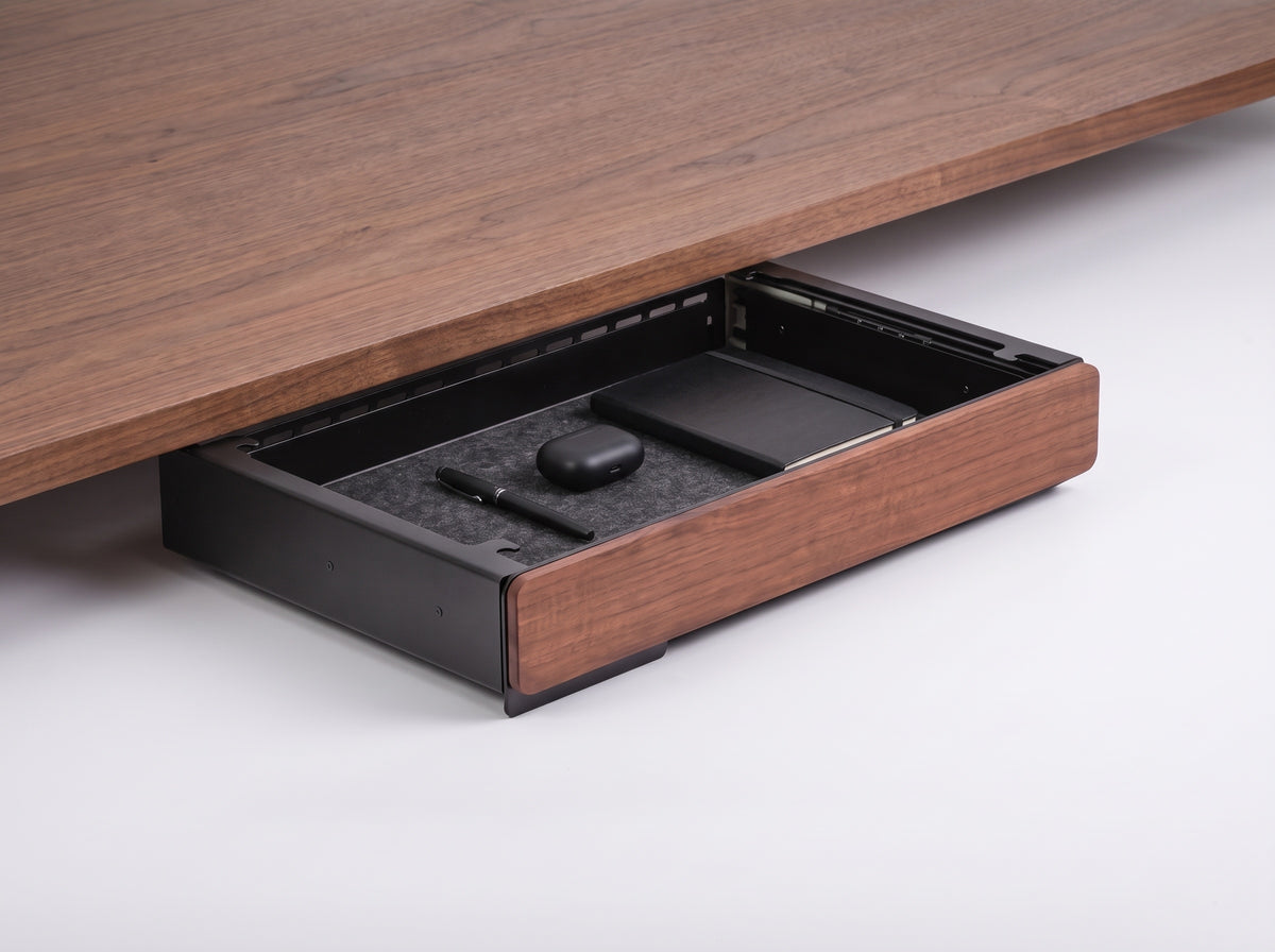 Soft-Close Drawer for Monitor Riser in Black Walnut – styled studio packshot | Rablo #Material_Black Walnut