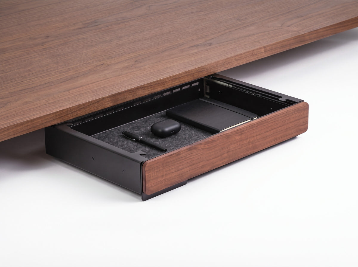 Soft-Close Drawer for Monitor Riser in Black Walnut – styled studio packshot | Rablo #Material_Black Walnut