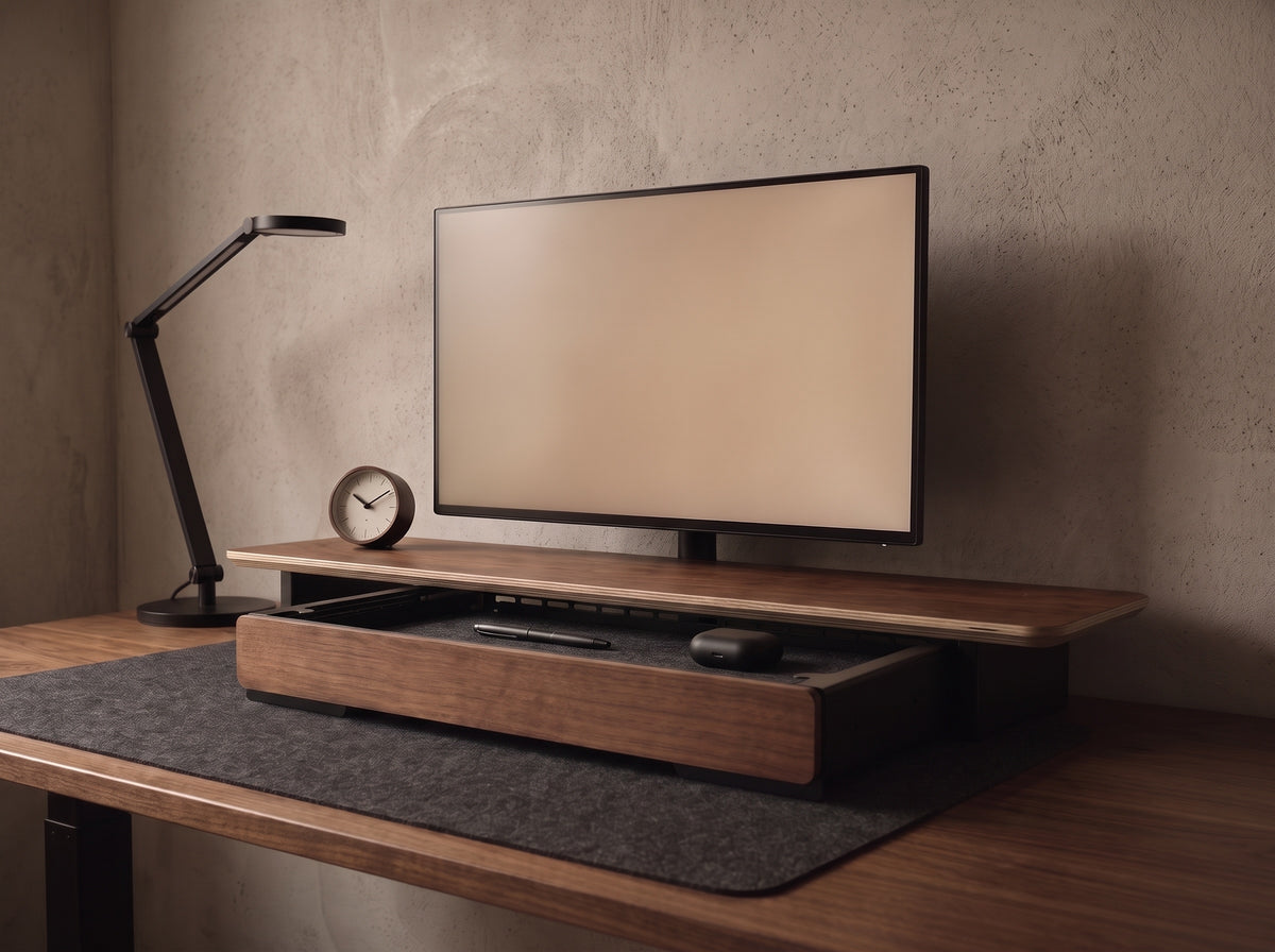 Soft-Close Drawer for Monitor Riser in Black Walnut – on a desk setup | Rablo #Material_Black Walnut