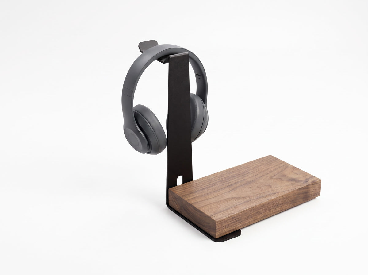 Headphone Stand for Monitor Riser in Black – styled studio packshot | Rablo
