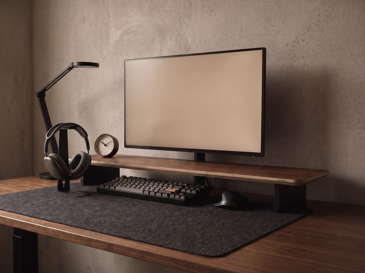 Headphone Stand for Monitor Riser in Black – on a desk setup | Rablo