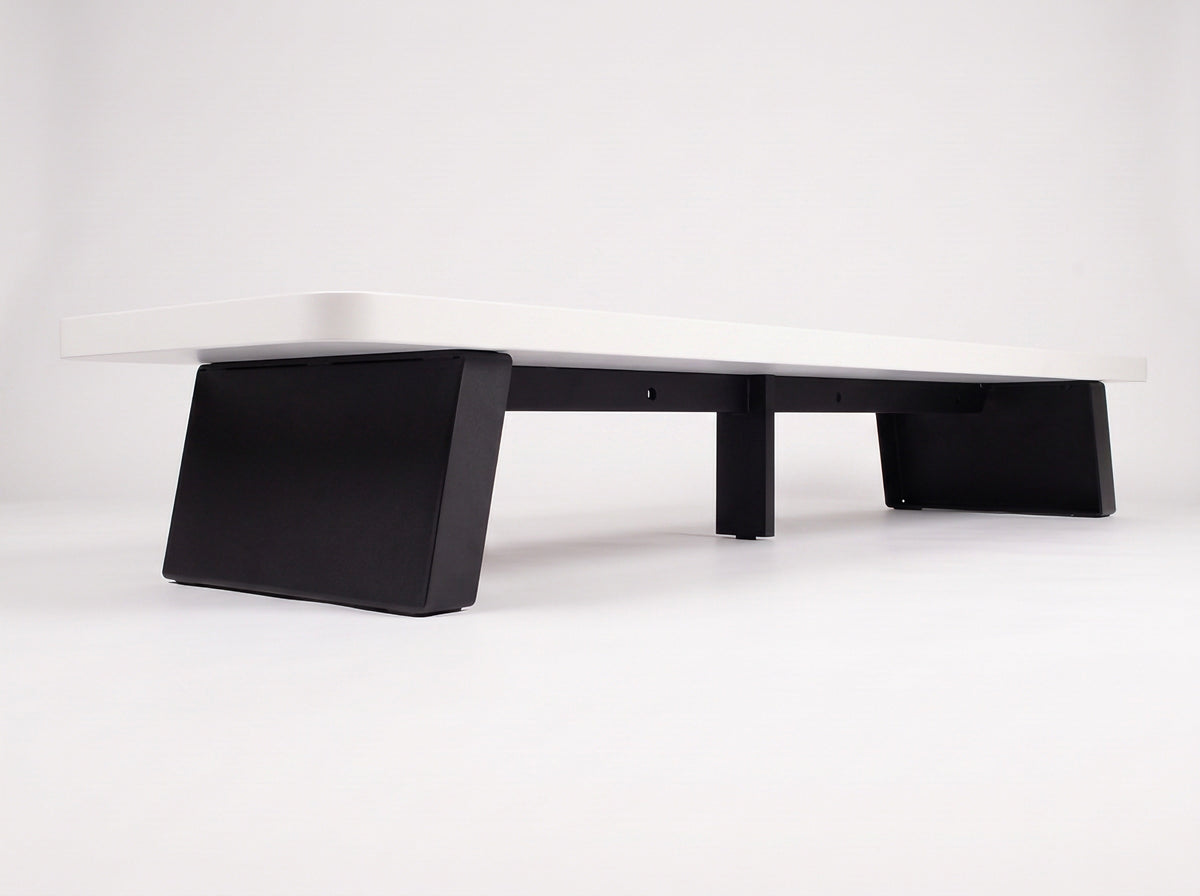 M30S Monitor Riser in Matte White – low view of the feet and underside | Rablo #Color_Matte White