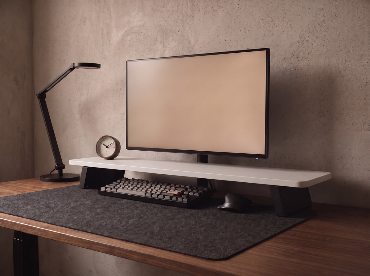 M30S Monitor Riser in Matte White – on a desk setup | Rablo #Color_Matte White