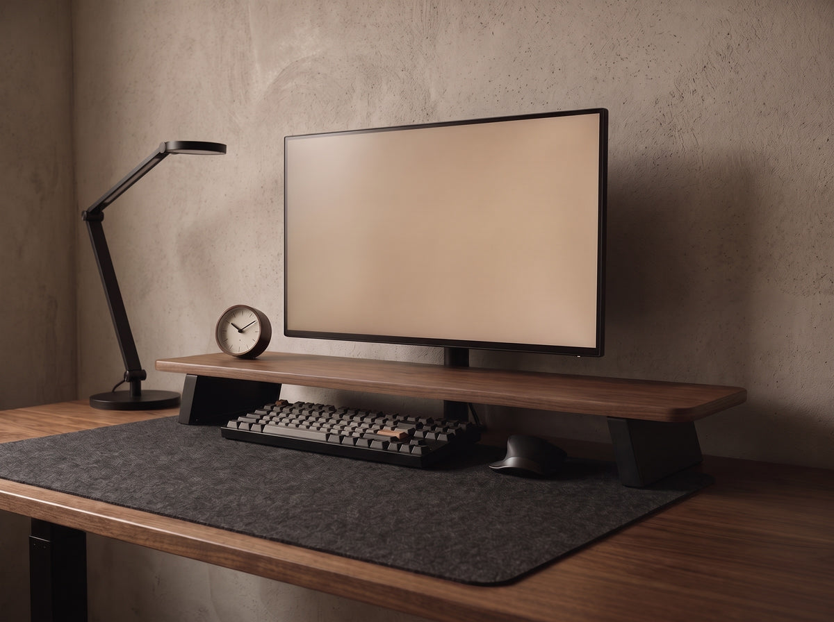 M30S Monitor Riser in Walnut – on a desk setup | Rablo #Color_Walnut