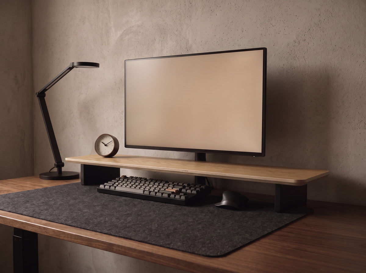 Mpro-10 Monitor Riser in Oak Veneer – on a desk setup | Rablo #Material_Oak Veneer