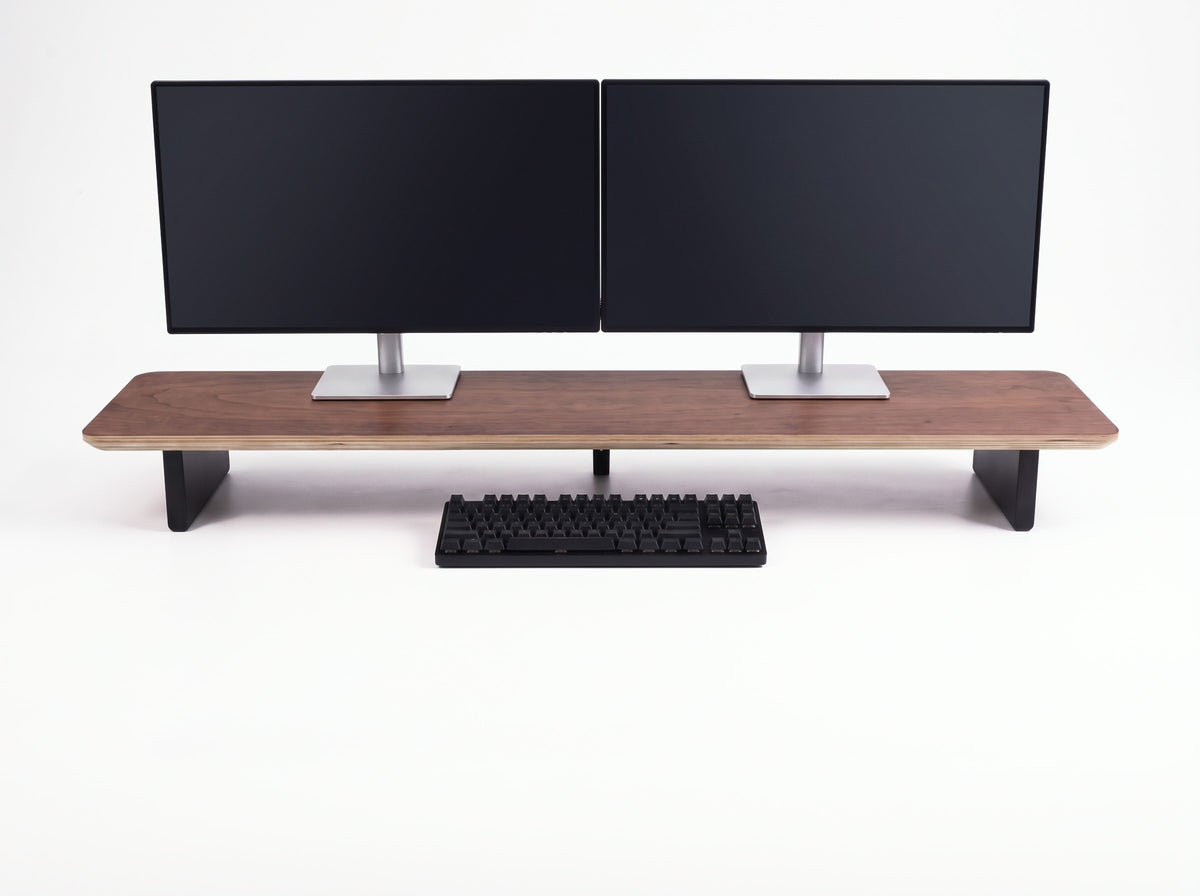 Mpro-10 Monitor Riser in Black Walnut Veneer – styled studio packshot | Rablo #Material_Black Walnut Veneer