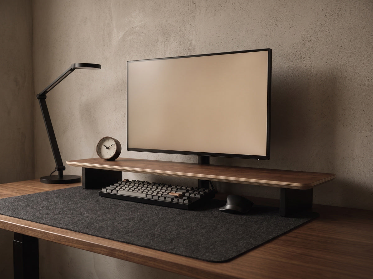 Mpro-10 Monitor Riser in Black Walnut Veneer – on a desk setup | Rablo #Material_Black Walnut Veneer