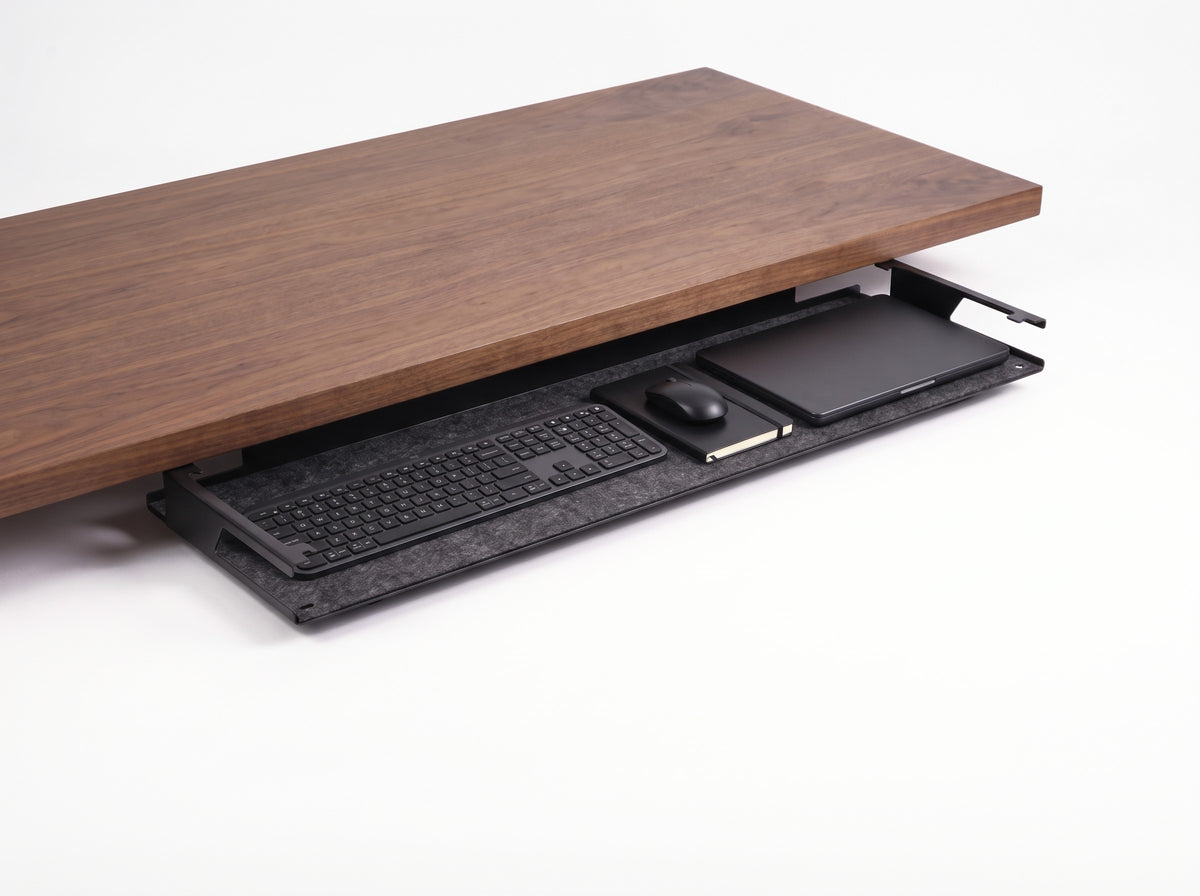 Storage Shelf for Monitor Riser in Black, size Long – styled studio packshot | Rablo #Size_Long