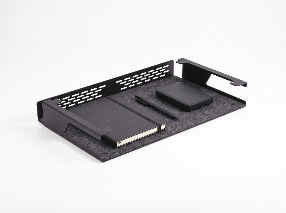 Storage Shelf for Monitor Riser in Black, size Short – styled studio packshot | Rablo #Size_Short