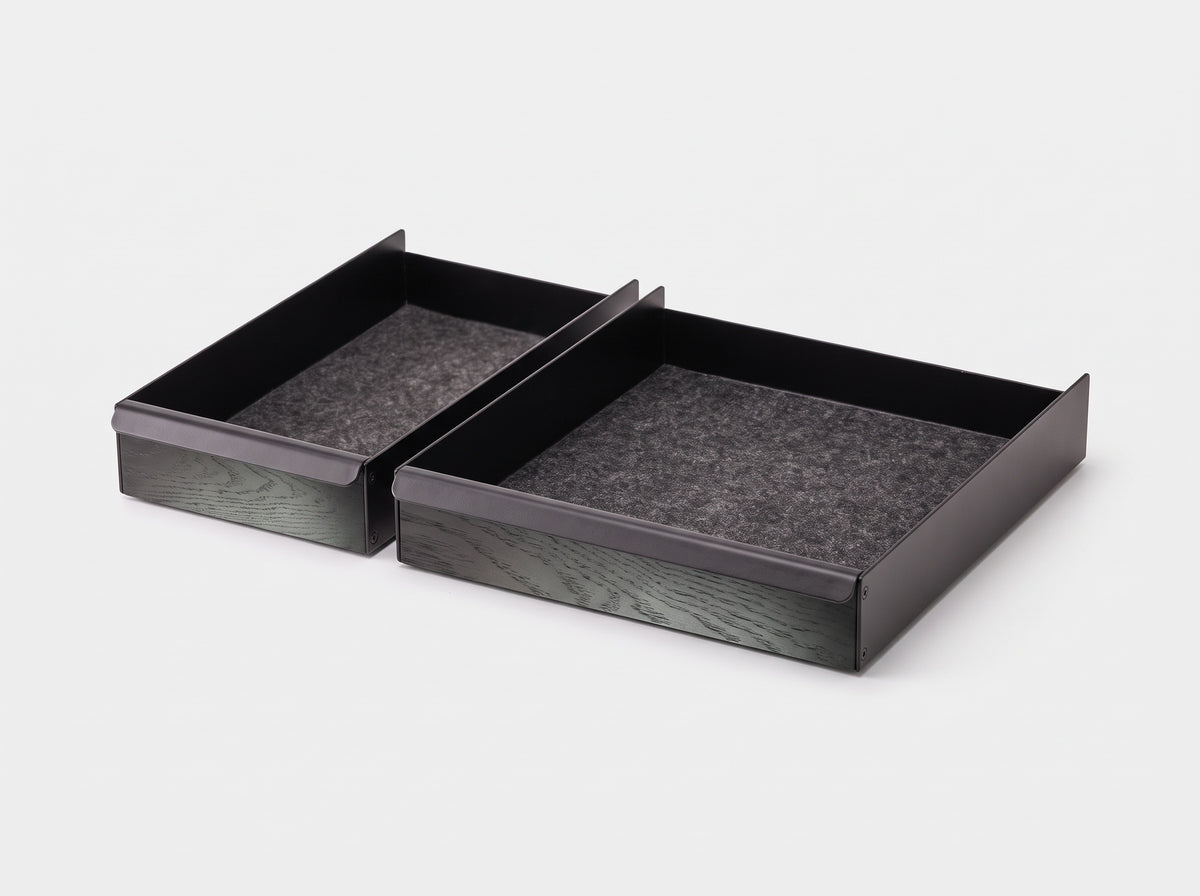 Metal Tray for Monitor Riser in Charcoal Black Oak – Small and Large trays, clean studio packshot | Rablo #Material_Charcoal Black Oak
