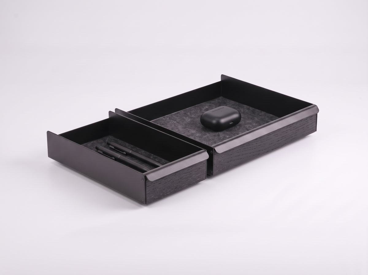 Metal Tray for Monitor Riser in Charcoal Black Oak – Small and Large trays, styled studio packshot | Rablo #Material_Charcoal Black Oak