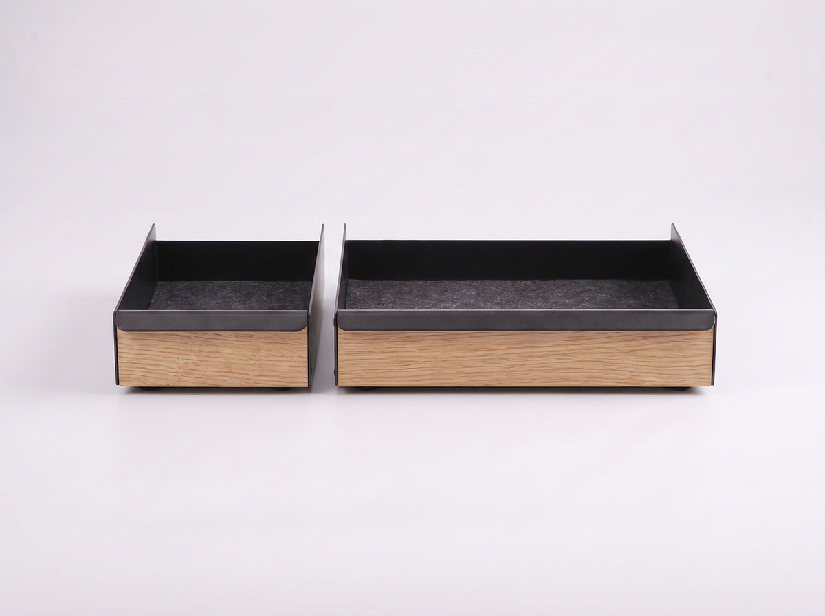 Metal Tray for Monitor Riser in Oak – Small and Large trays, front view | Rablo #Material_Oak