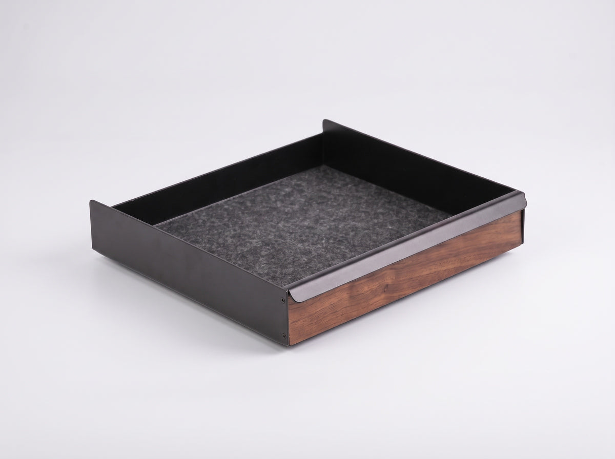 Metal Tray for Monitor Riser in Black Walnut – Large tray, clean studio packshot | Rablo #Material_Black Walnut