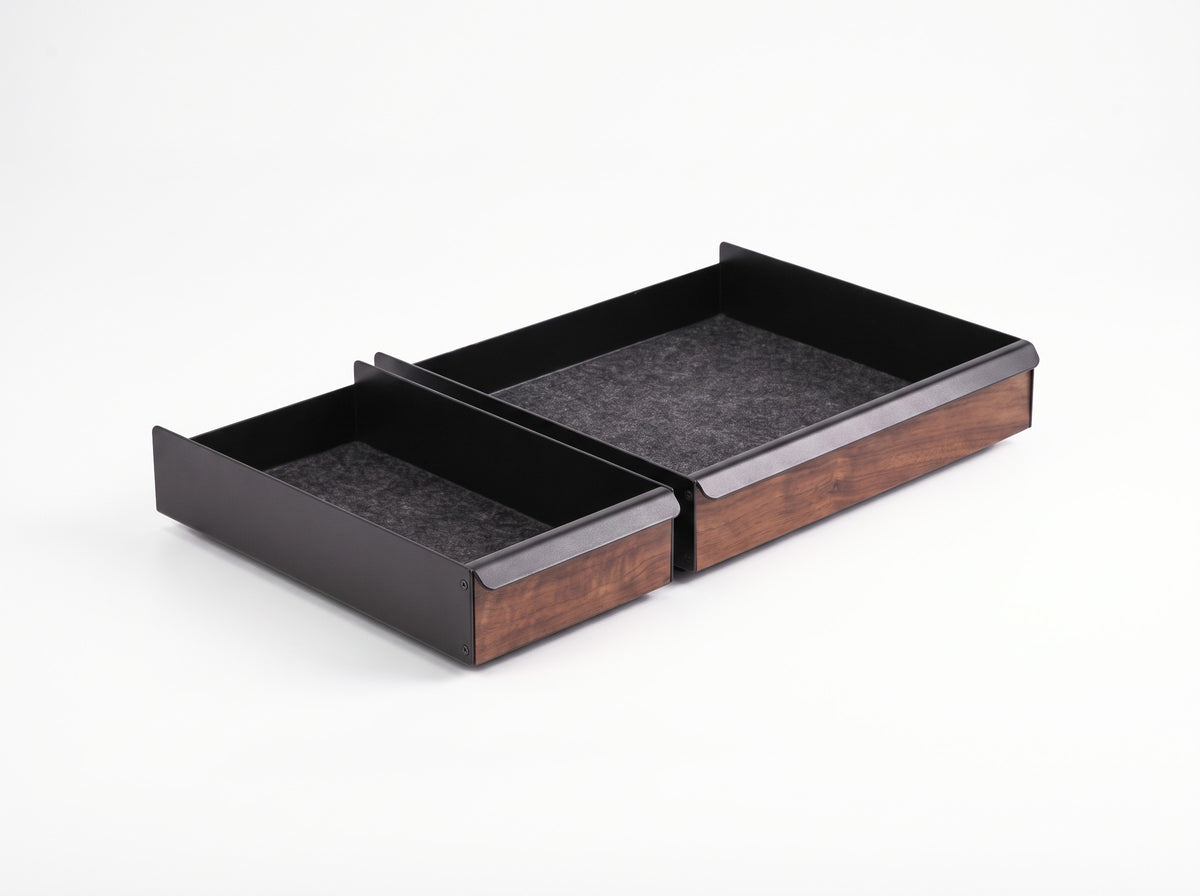 Metal Tray for Monitor Riser in Black Walnut – Small and Large trays, clean studio packshot | Rablo #Material_Black Walnut