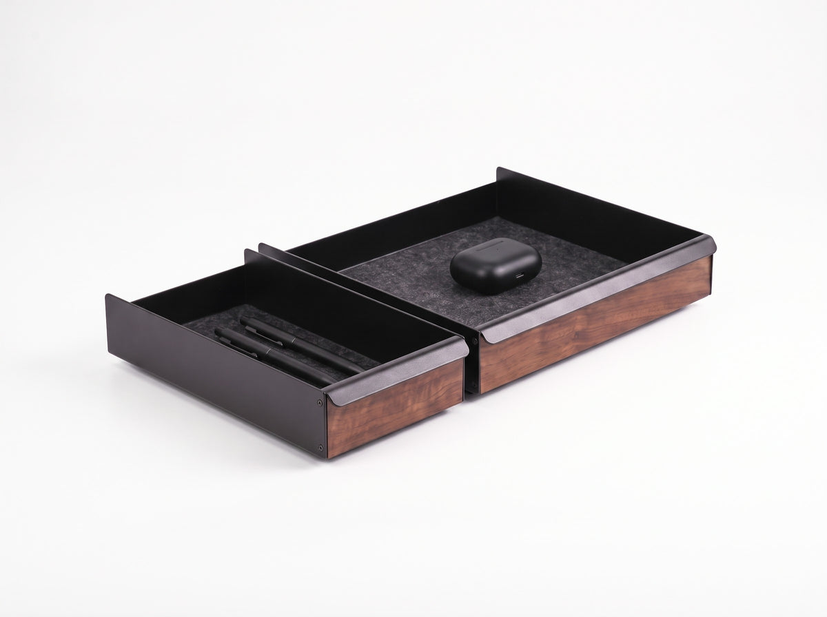 Metal Tray for Monitor Riser in Black Walnut – Small and Large trays, styled studio packshot | Rablo #Material_Black Walnut