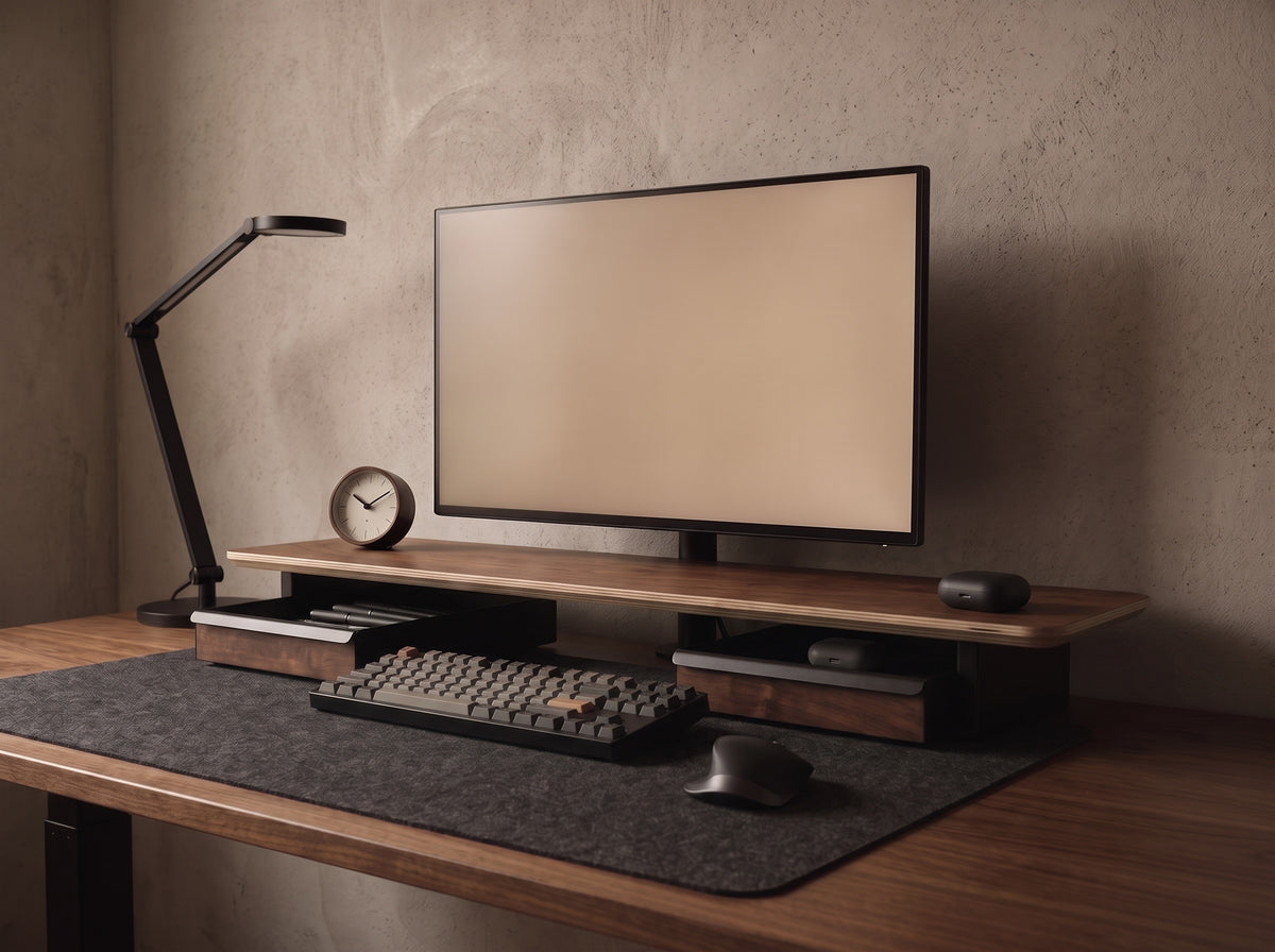 Metal Tray for Monitor Riser in Black Walnut – on a desk setup | Rablo #Material_Black Walnut