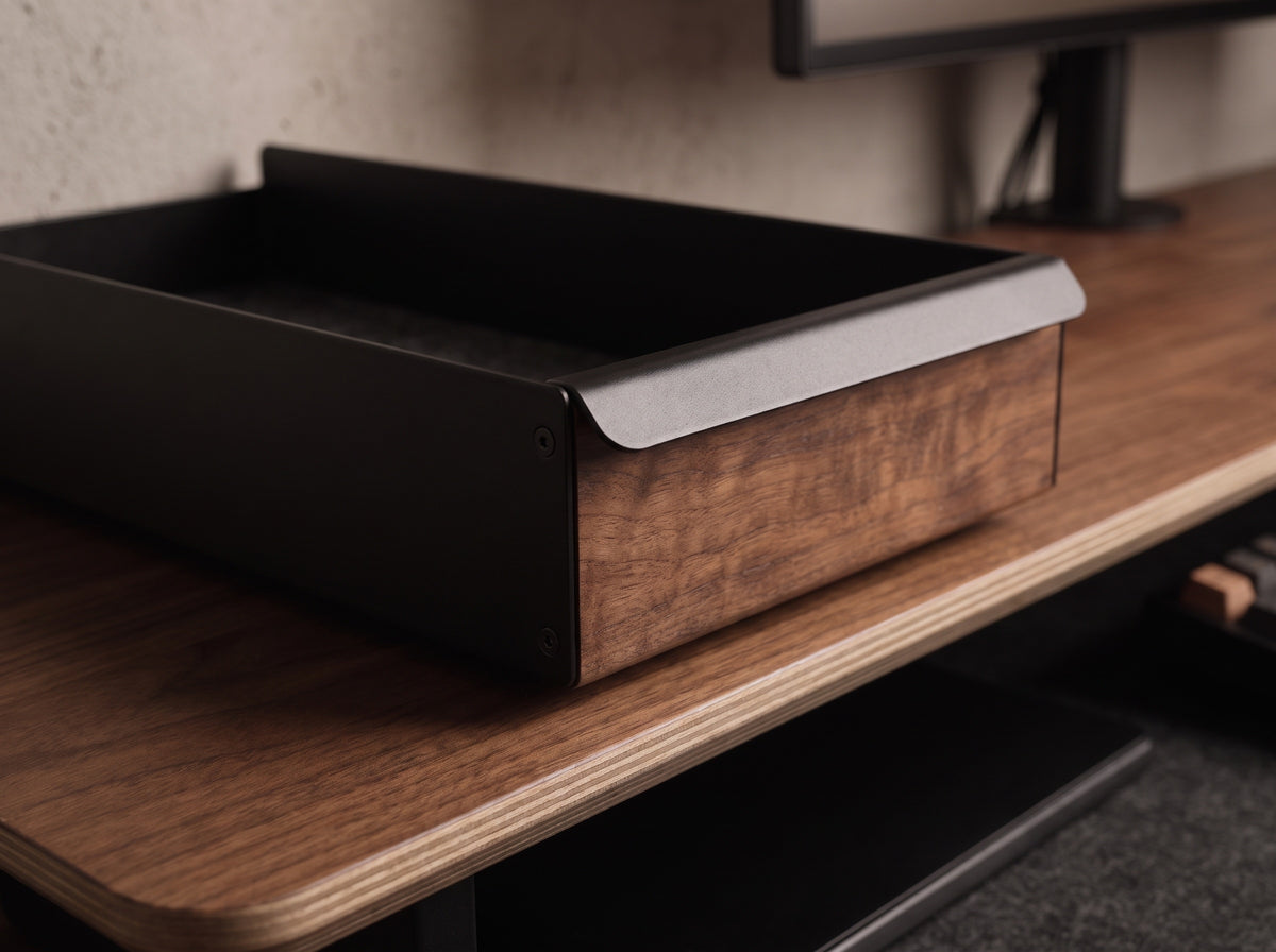 Metal Tray for Monitor Riser in Black Walnut – close-up detail | Rablo #Material_Black Walnut