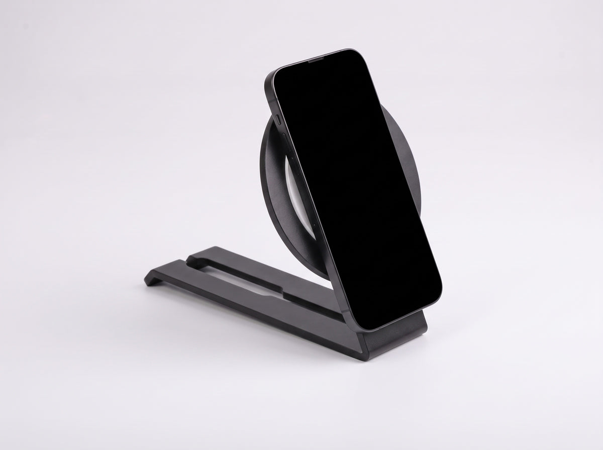 Wireless Charger Stand for Monitor Riser in Black – styled studio packshot | Rablo