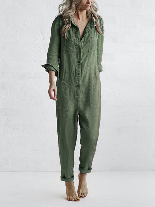 Rablo Casual Button-Up Lapel Jumpsuit