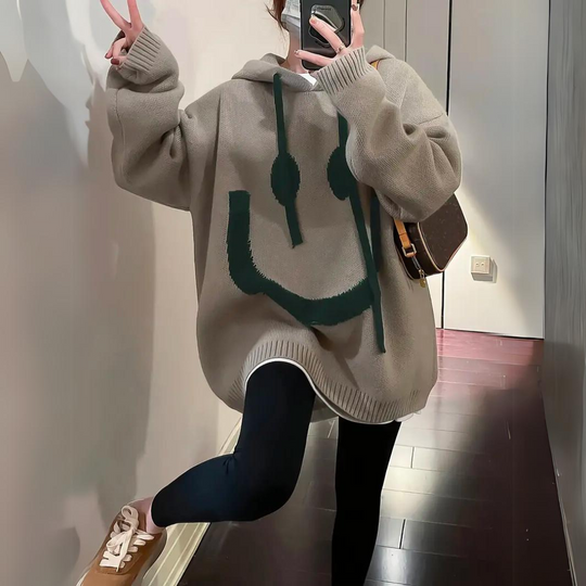 COZY OVERSIZED SMILEY KNIT HOODIE