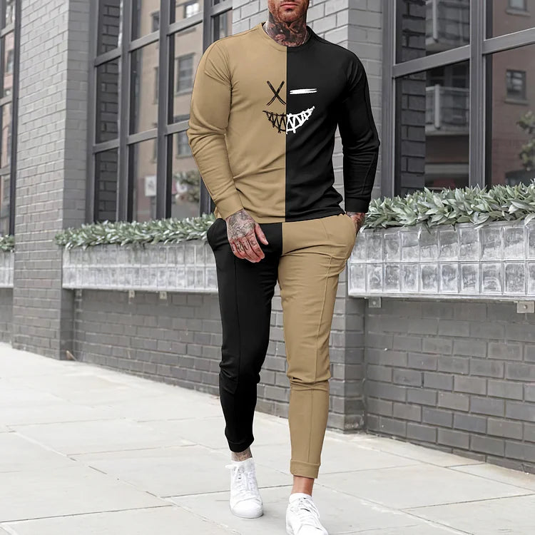 Stylish Asymmetrical Black Khaki Smiley Face T-Shirt And Pants Co-Ord