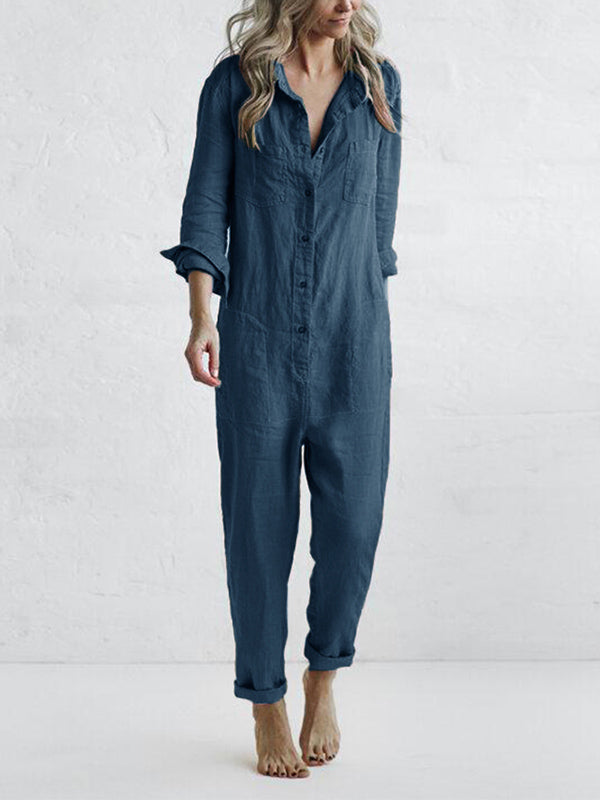 Rablo Casual Button-Up Lapel Jumpsuit