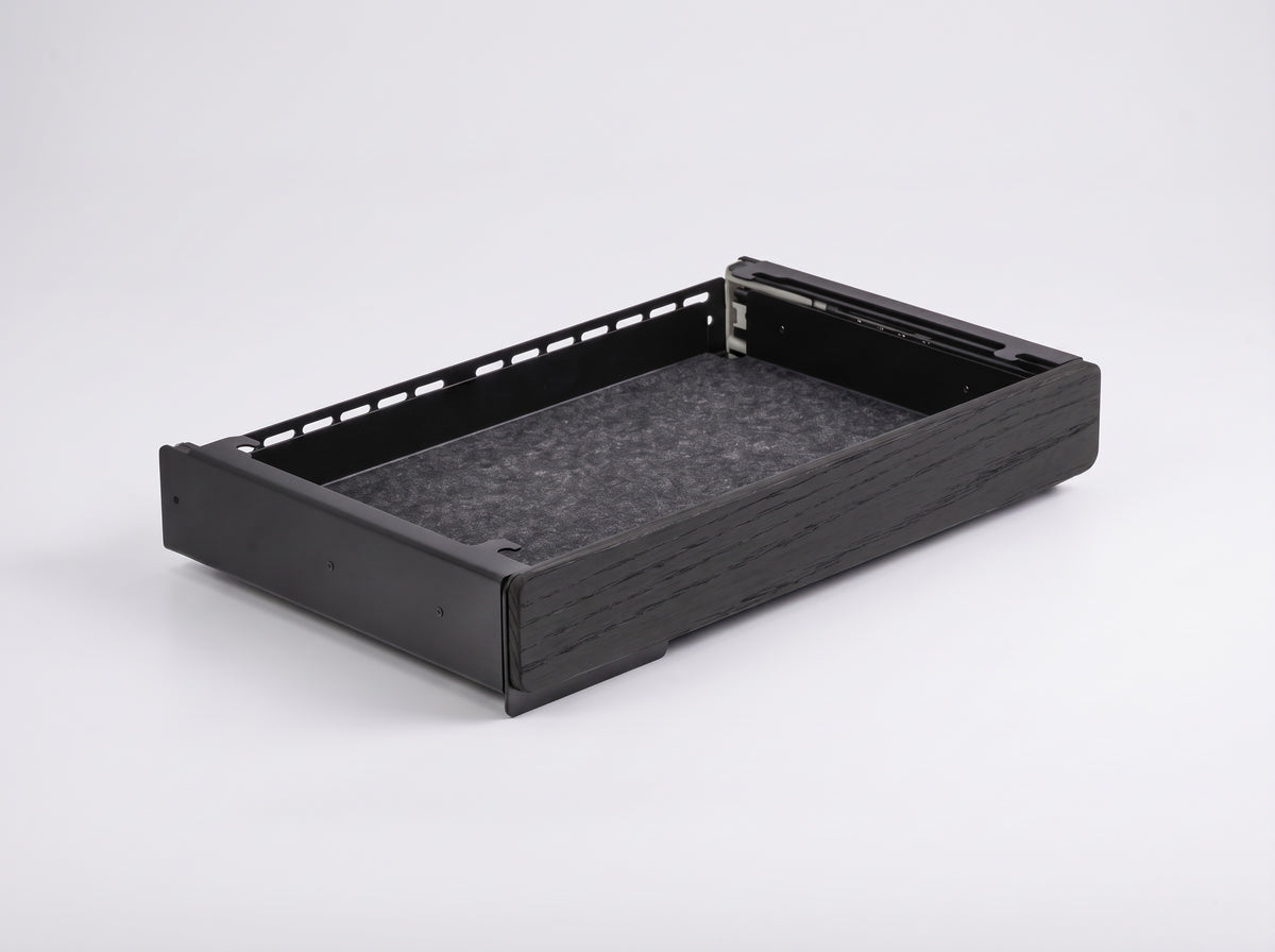 Soft-Close Drawer for Monitor Riser in Charcoal Black Oak – clean studio packshot | Rablo #Material_Charcoal Black Oak