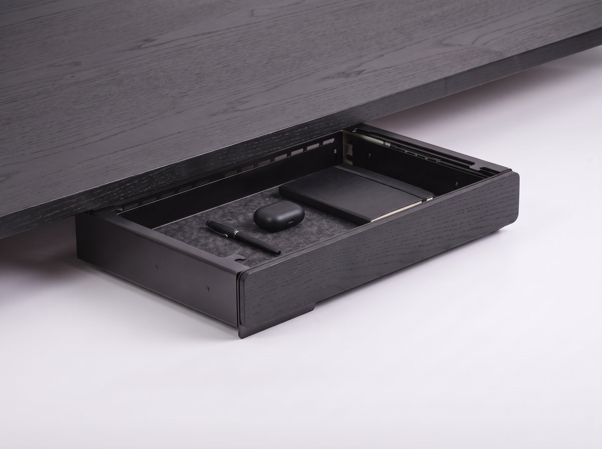 Soft-Close Drawer for Monitor Riser in Charcoal Black Oak – styled studio packshot | Rablo #Material_Charcoal Black Oak