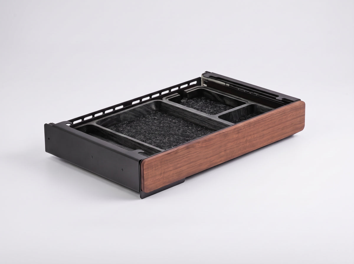 Soft-Close Drawer for Monitor Riser in Black Walnut – with Charcoal Black Oak organizer tray, clean studio packshot | Rablo #Organizer Tray_Charcoal Black Oak