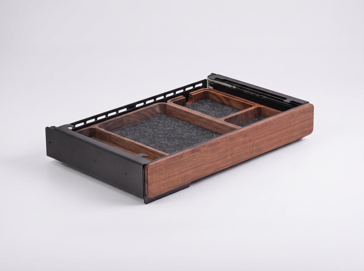 Soft-Close Drawer for Monitor Riser in Black Walnut – with Black Walnut organizer tray, clean studio packshot | Rablo #Organizer Tray_Black Walnut