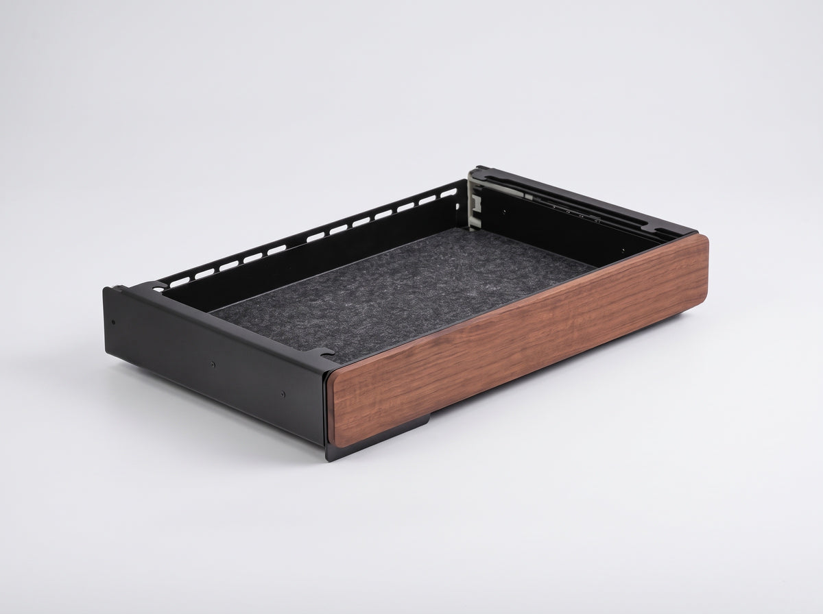 Soft-Close Drawer for Monitor Riser in Black Walnut – clean studio packshot | Rablo #Material_Black Walnut