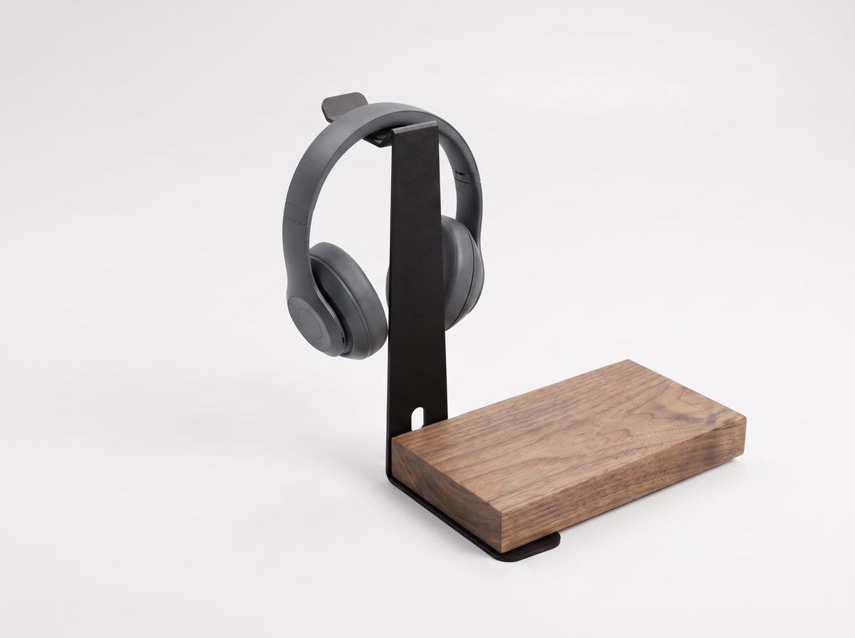Headphone Stand for Monitor Riser in Black – styled studio packshot | Rablo