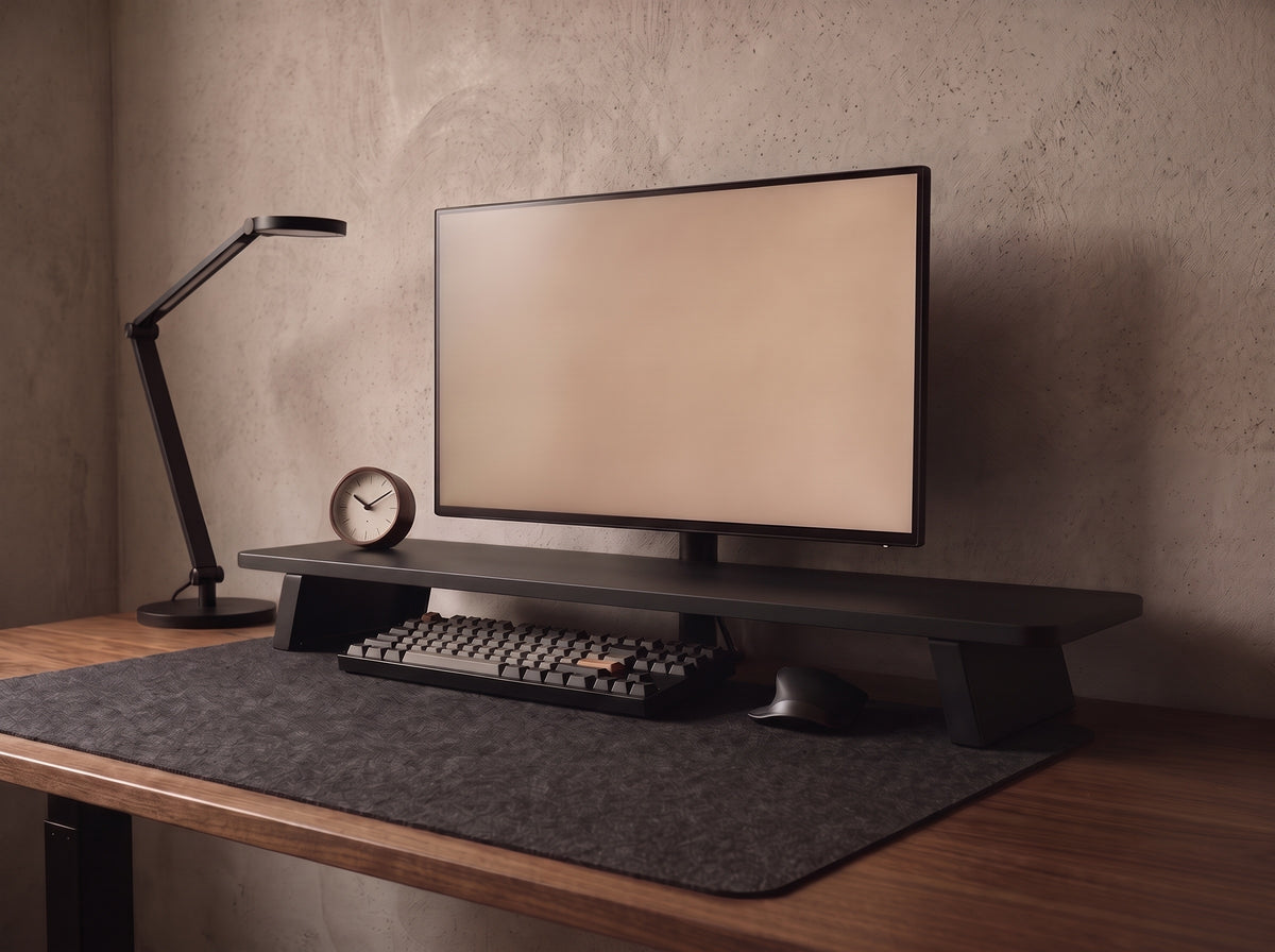 M30S Monitor Riser in Matte Black – on a desk setup | Rablo #Color_Matte Black