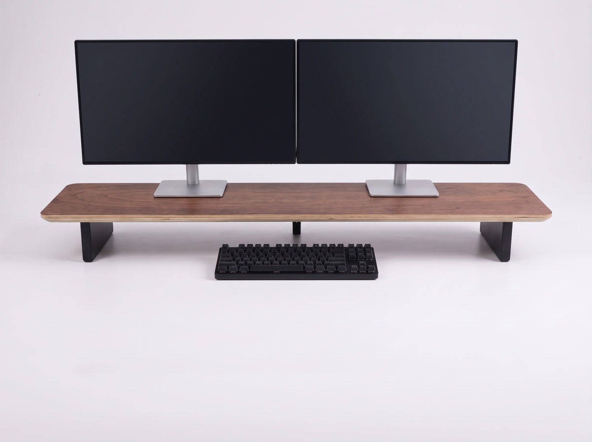 Mpro-10 Monitor Riser in Black Walnut Veneer – styled studio packshot | Rablo #Material_Black Walnut Veneer