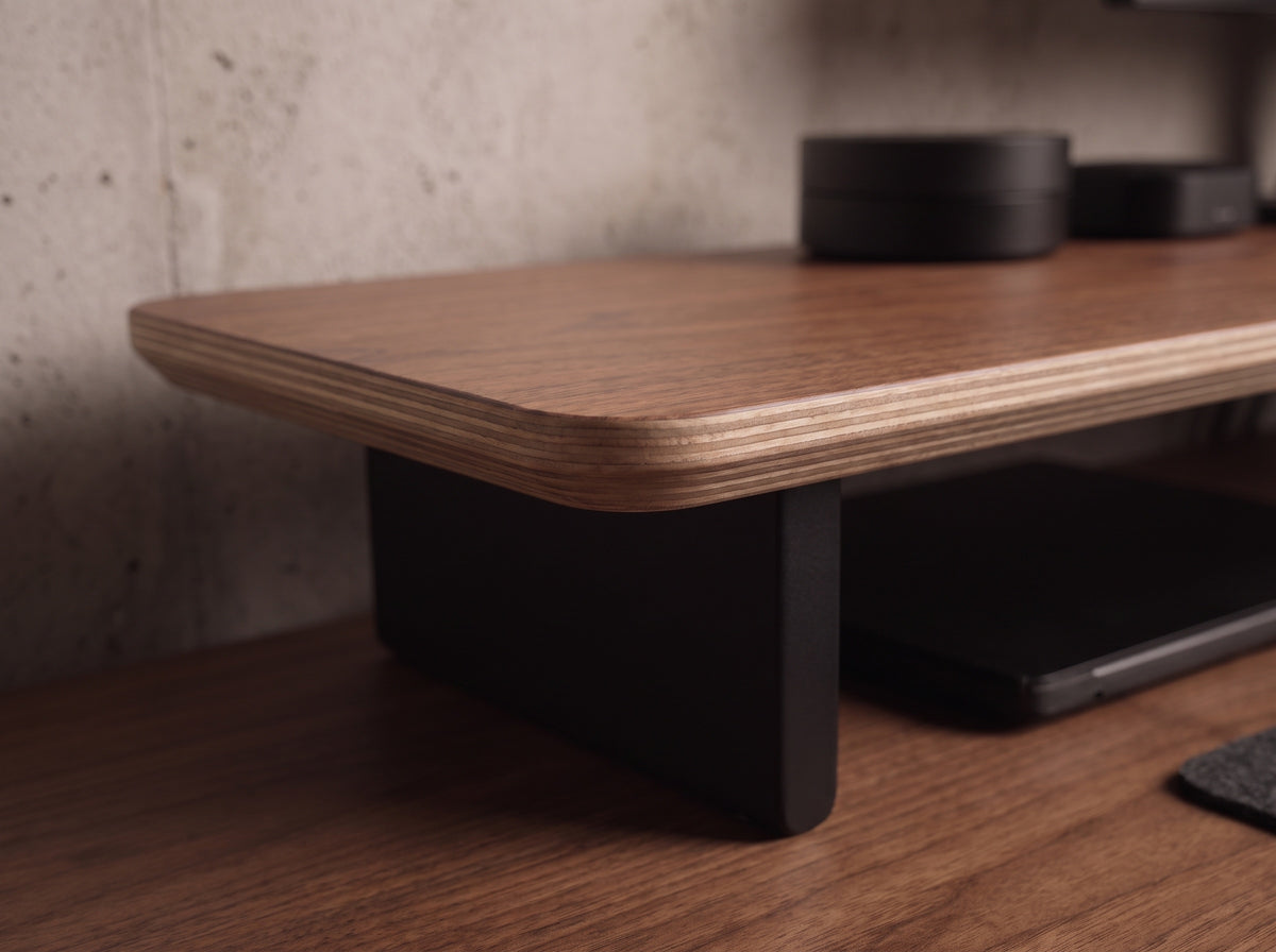 Mpro-10 Monitor Riser in Black Walnut Veneer – close-up detail | Rablo #Material_Black Walnut Veneer