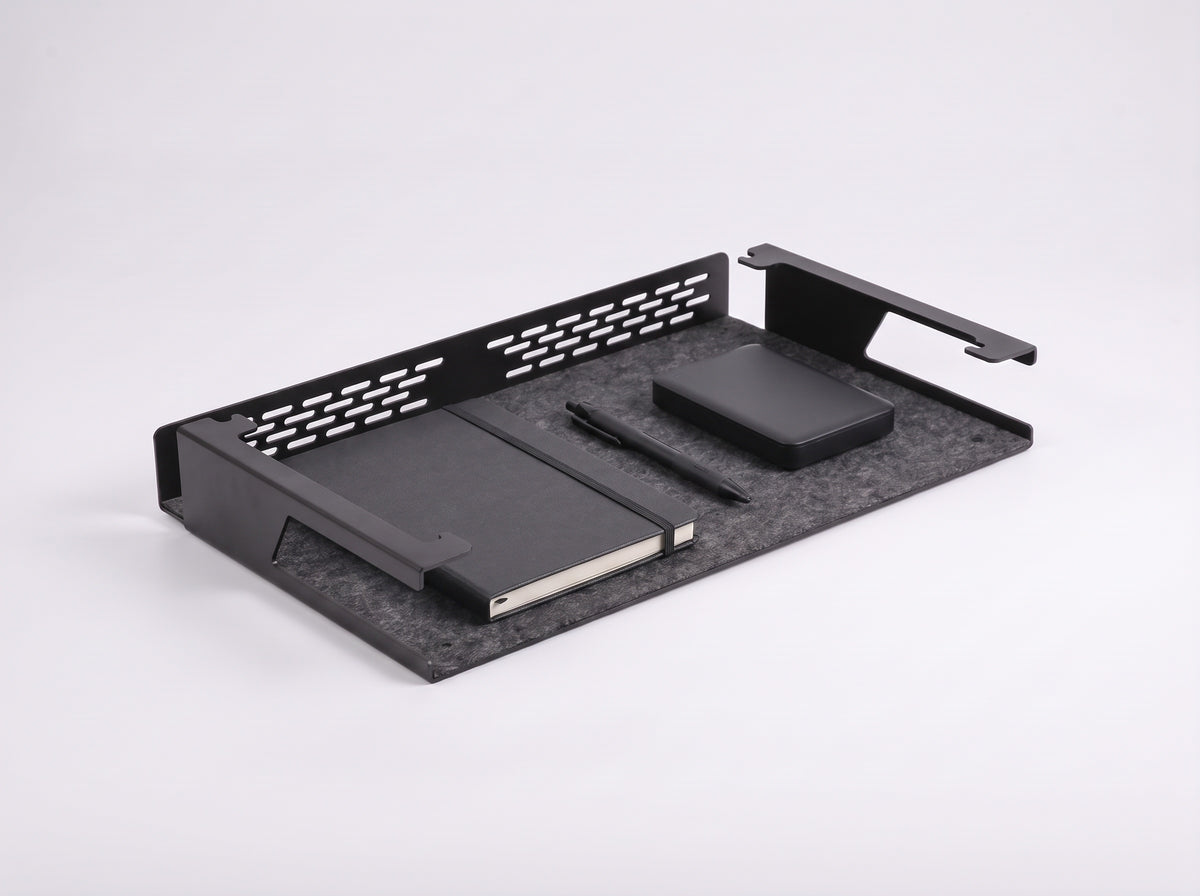 Storage Shelf for Monitor Riser in Black, size Short – styled studio packshot | Rablo #Size_Short