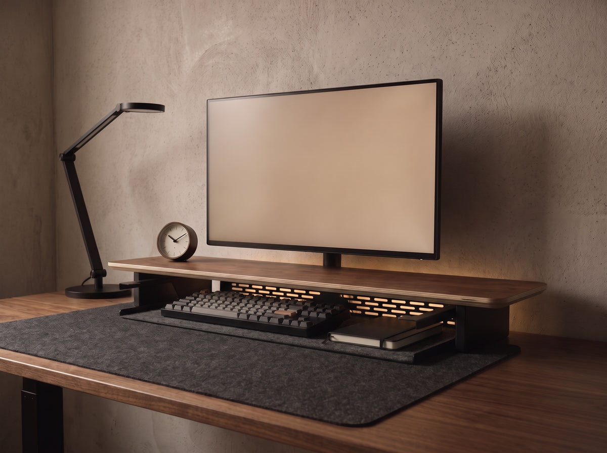 Storage Shelf for Monitor Riser in Black – on a desk setup (Short shelf shown) | Rablo