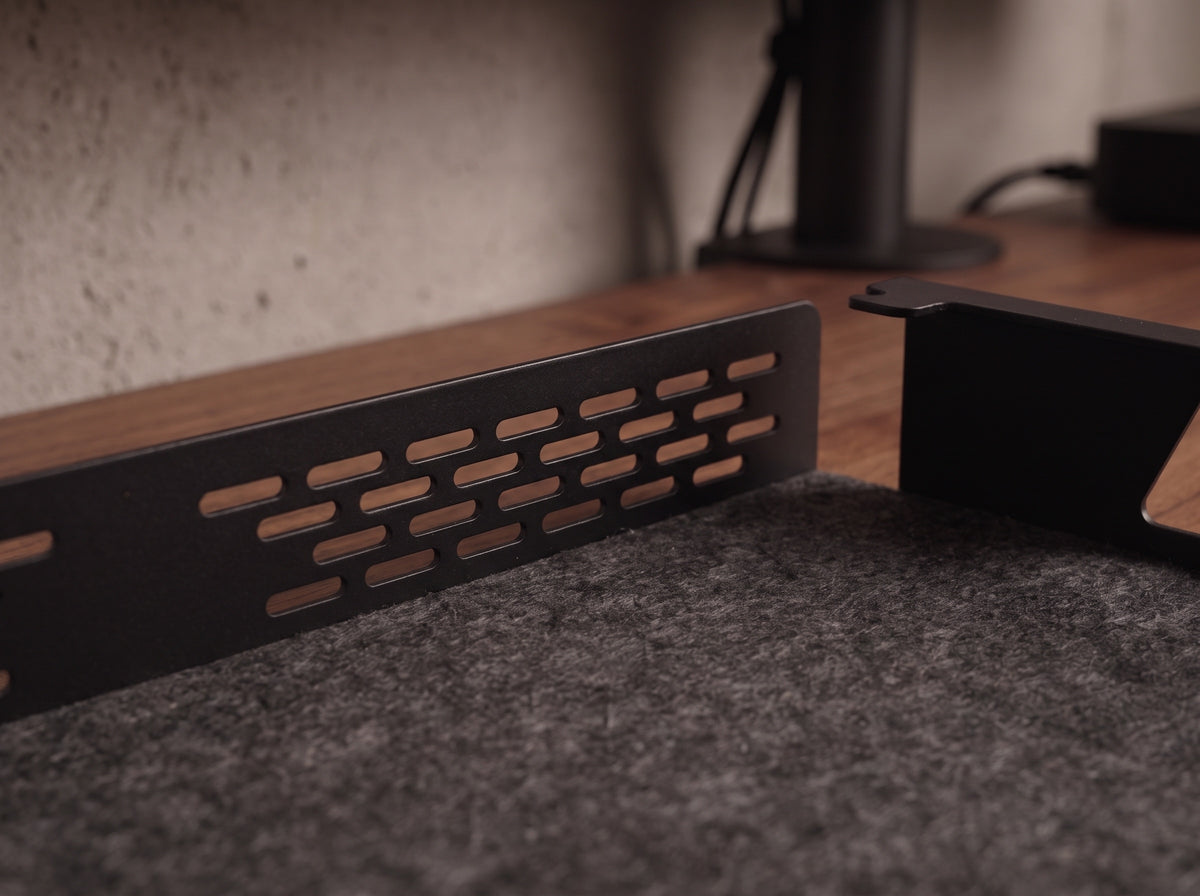Storage Shelf for Monitor Riser in Black – close-up detail (Short shelf shown) | Rablo