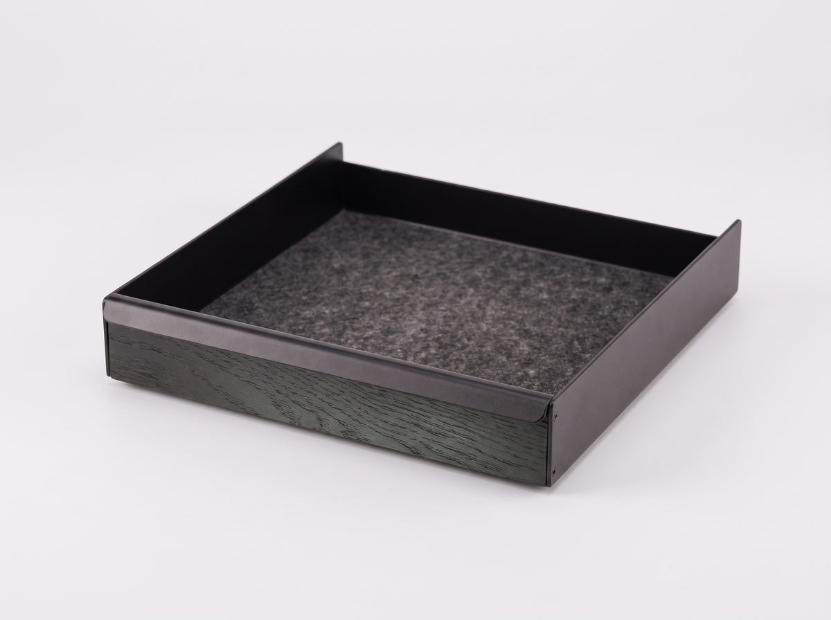 Metal Tray for Monitor Riser in Charcoal Black Oak – Large tray, clean studio packshot | Rablo #Material_Charcoal Black Oak
