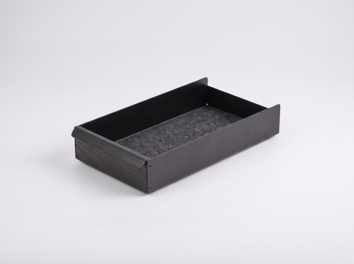 Metal Tray for Monitor Riser in Charcoal Black Oak – Small tray, clean studio packshot | Rablo #Material_Charcoal Black Oak