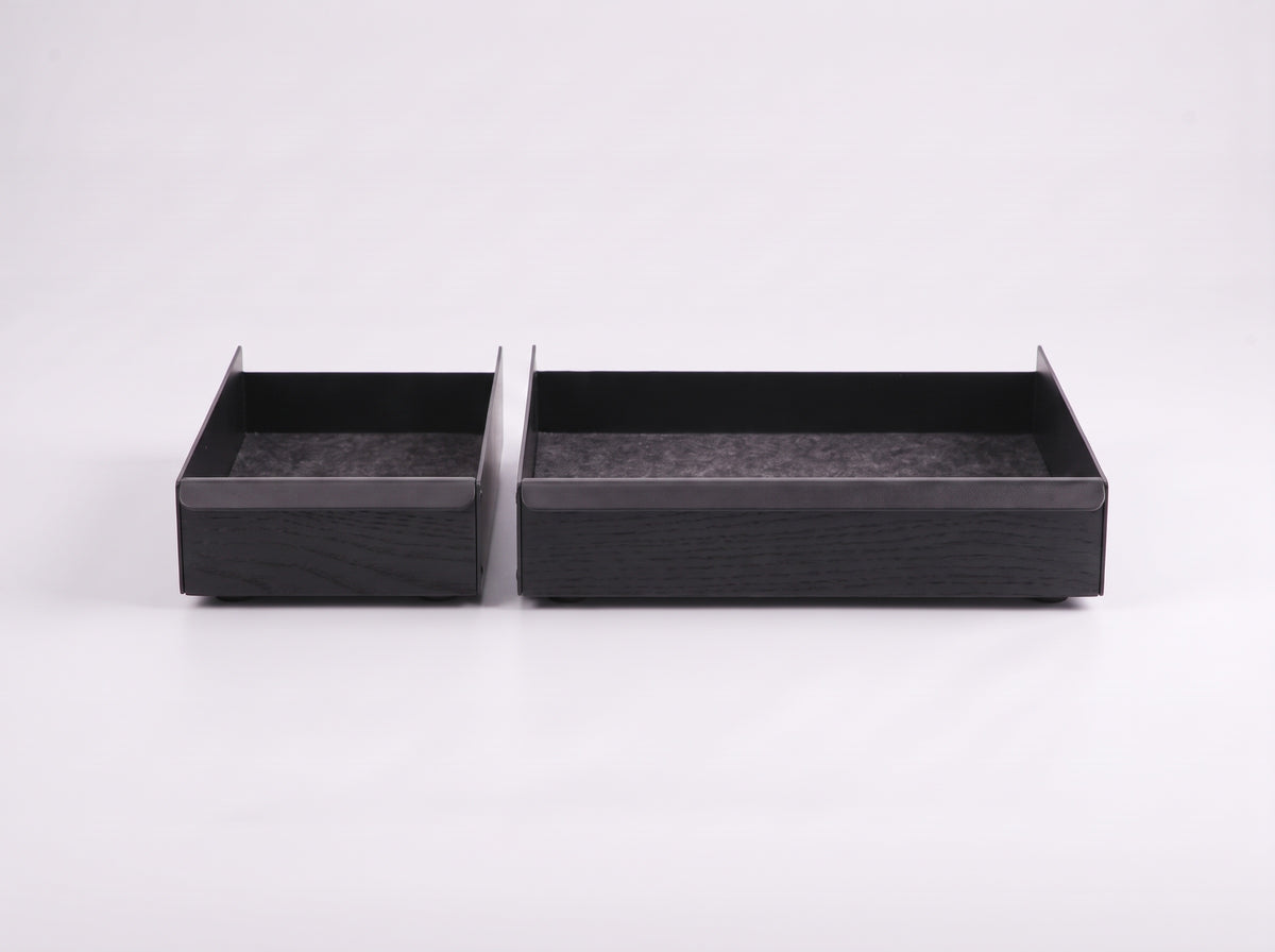 Metal Tray for Monitor Riser in Charcoal Black Oak – Small and Large trays, front view | Rablo #Material_Charcoal Black Oak