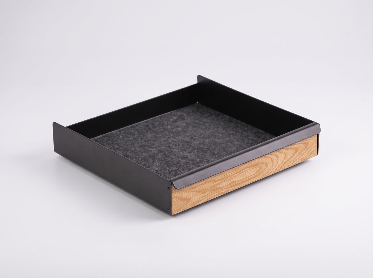 Metal Tray for Monitor Riser in Oak – Large tray, clean studio packshot | Rablo #Material_Oak