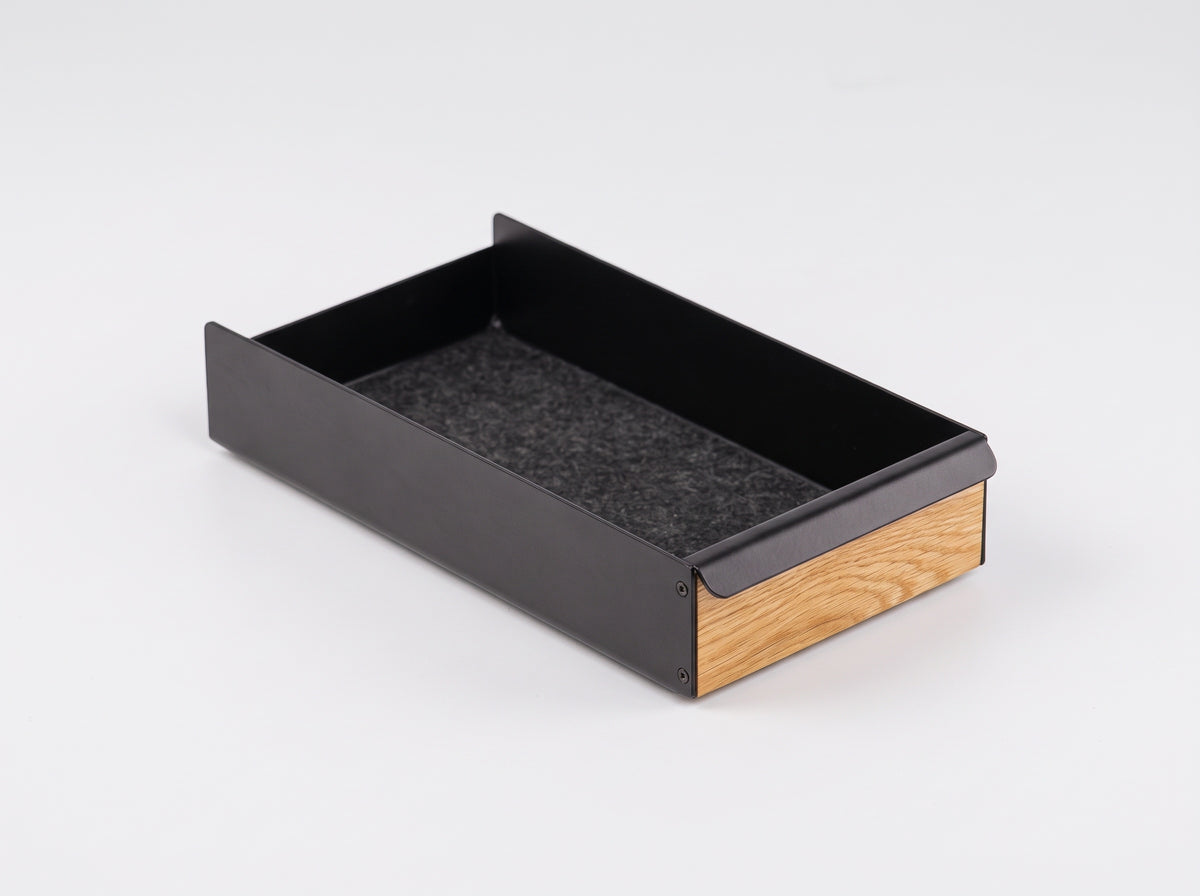 Metal Tray for Monitor Riser in Oak – Small tray, clean studio packshot | Rablo #Material_Oak