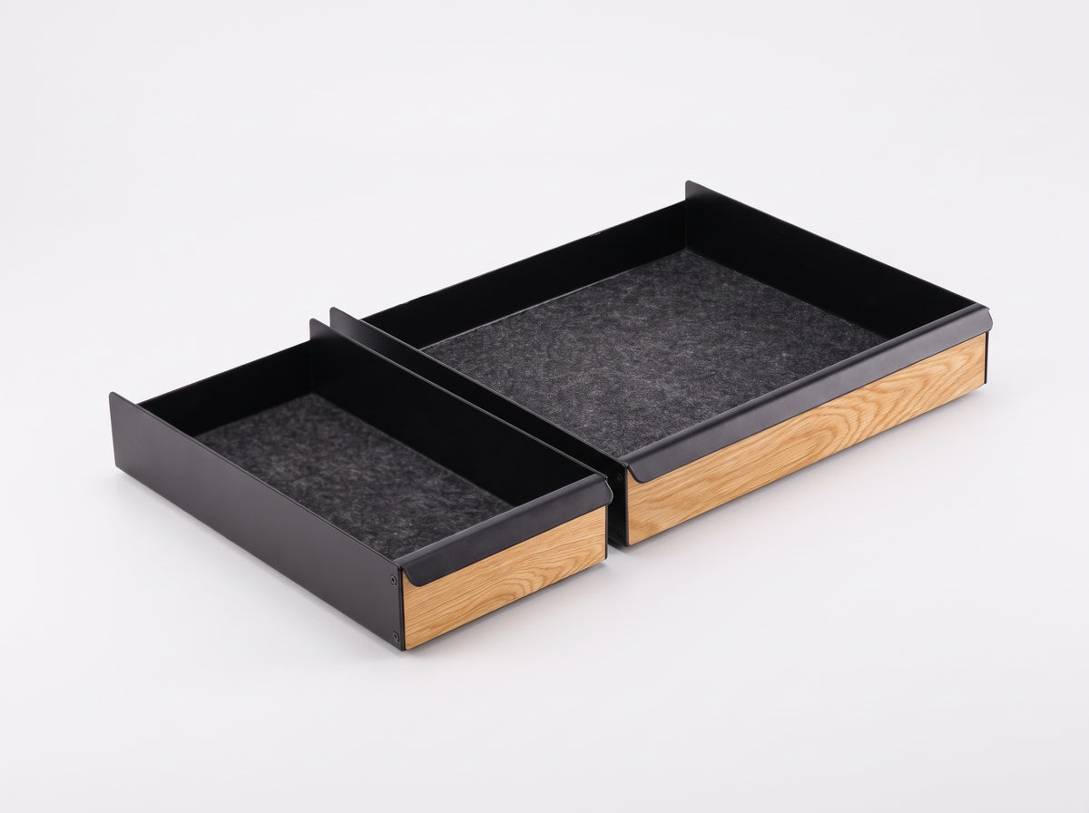 Metal Tray for Monitor Riser in Oak – Small and Large trays, clean studio packshot | Rablo #Material_Oak