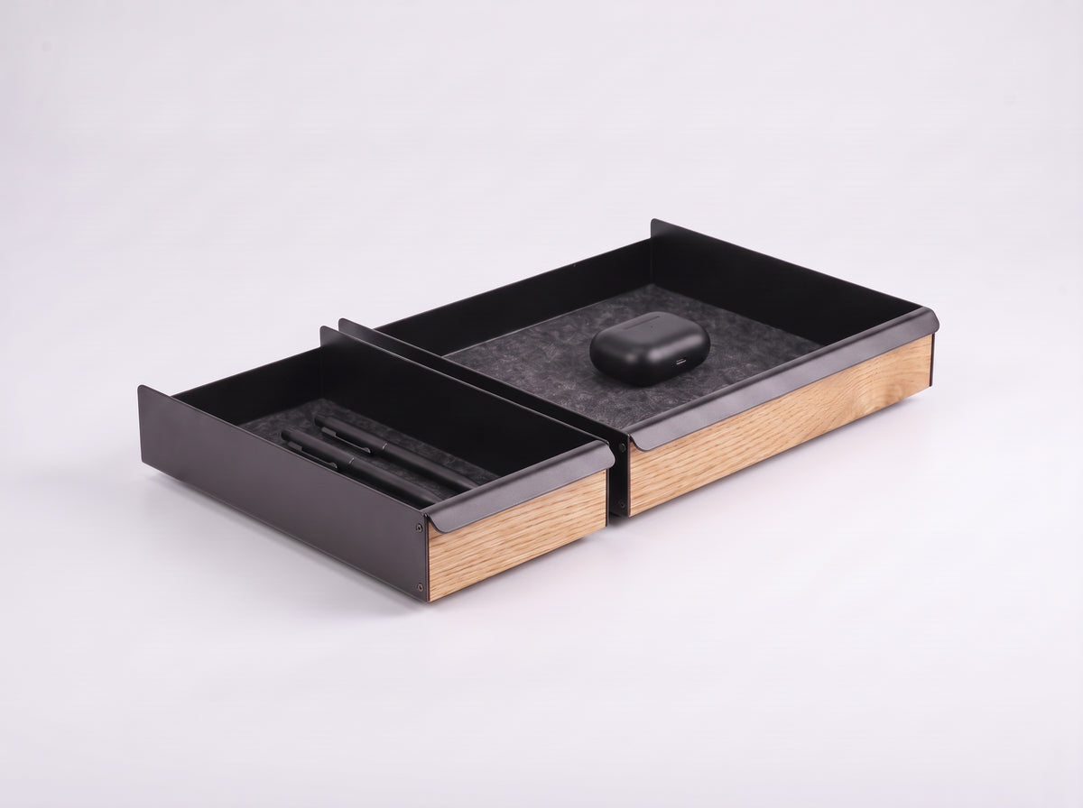 Metal Tray for Monitor Riser in Oak – Small and Large trays, styled studio packshot | Rablo #Material_Oak