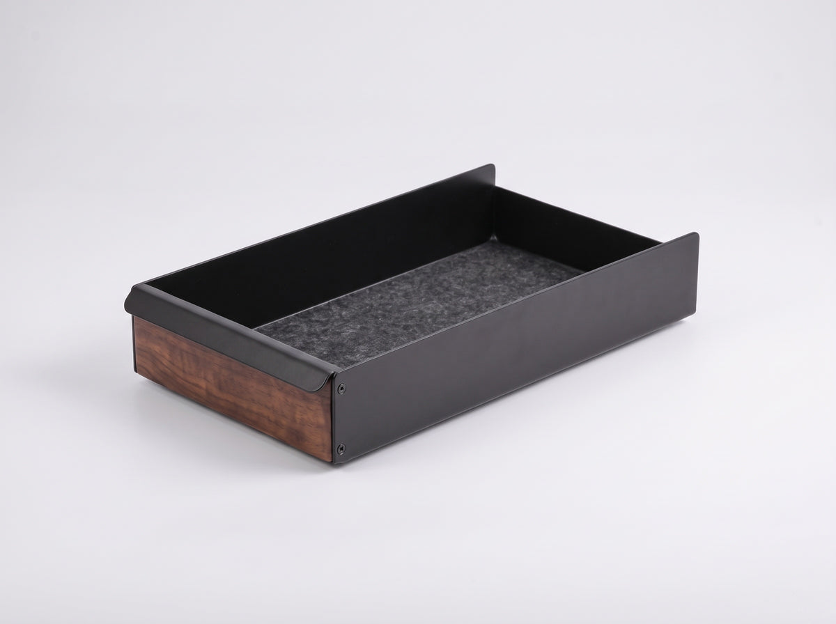 Metal Tray for Monitor Riser in Black Walnut – Small tray, clean studio packshot | Rablo #Material_Black Walnut