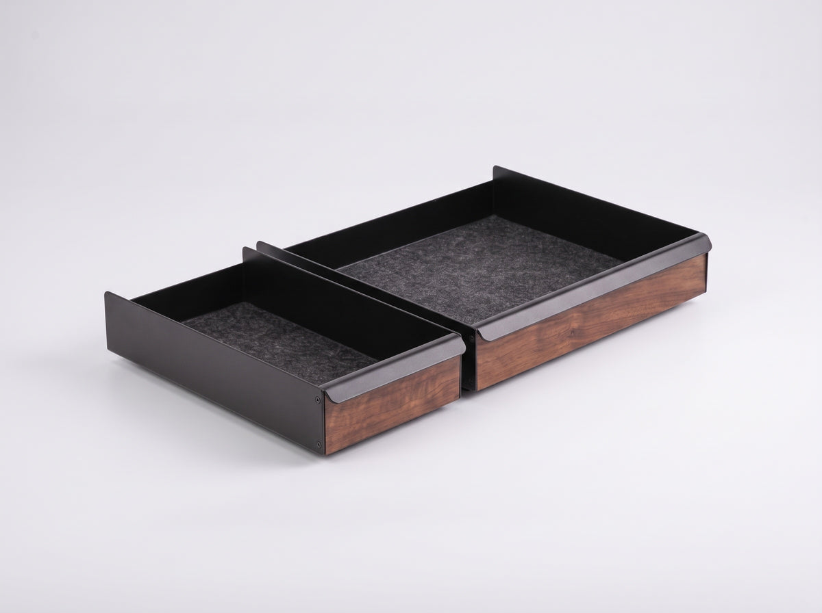 Metal Tray for Monitor Riser in Black Walnut – Small and Large trays, clean studio packshot | Rablo #Material_Black Walnut