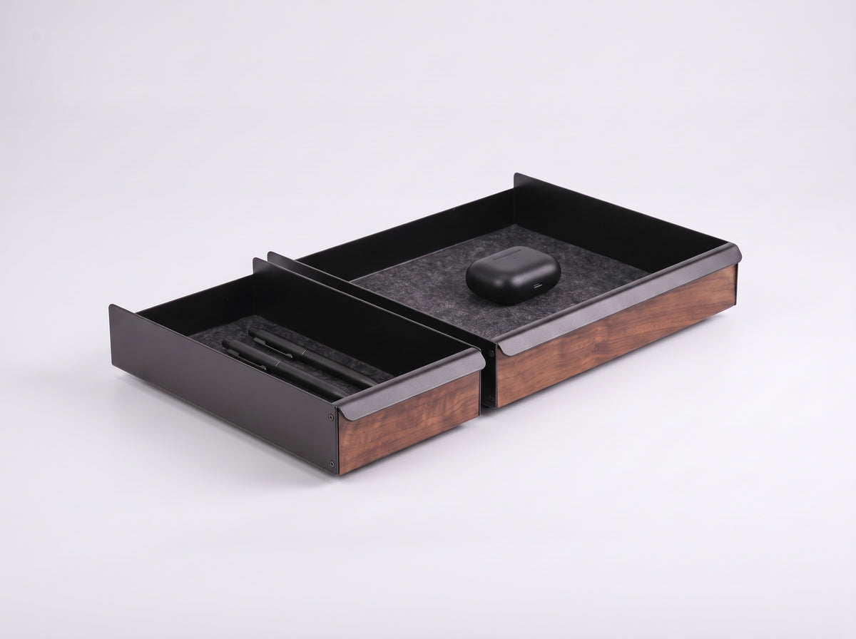 Metal Tray for Monitor Riser in Black Walnut – Small and Large trays, styled studio packshot | Rablo #Material_Black Walnut